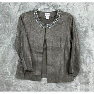 Chicos Jacket Women 0 US Small Brown Metallic Linen Beaded Embellished Open New